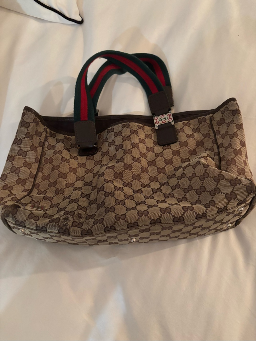 Gucci Beige/Brown GG Canvas purse with Green-Red Web Handles